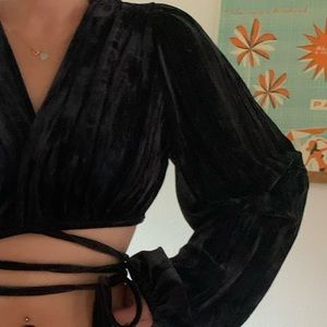 UO Black velvet crop wrap top